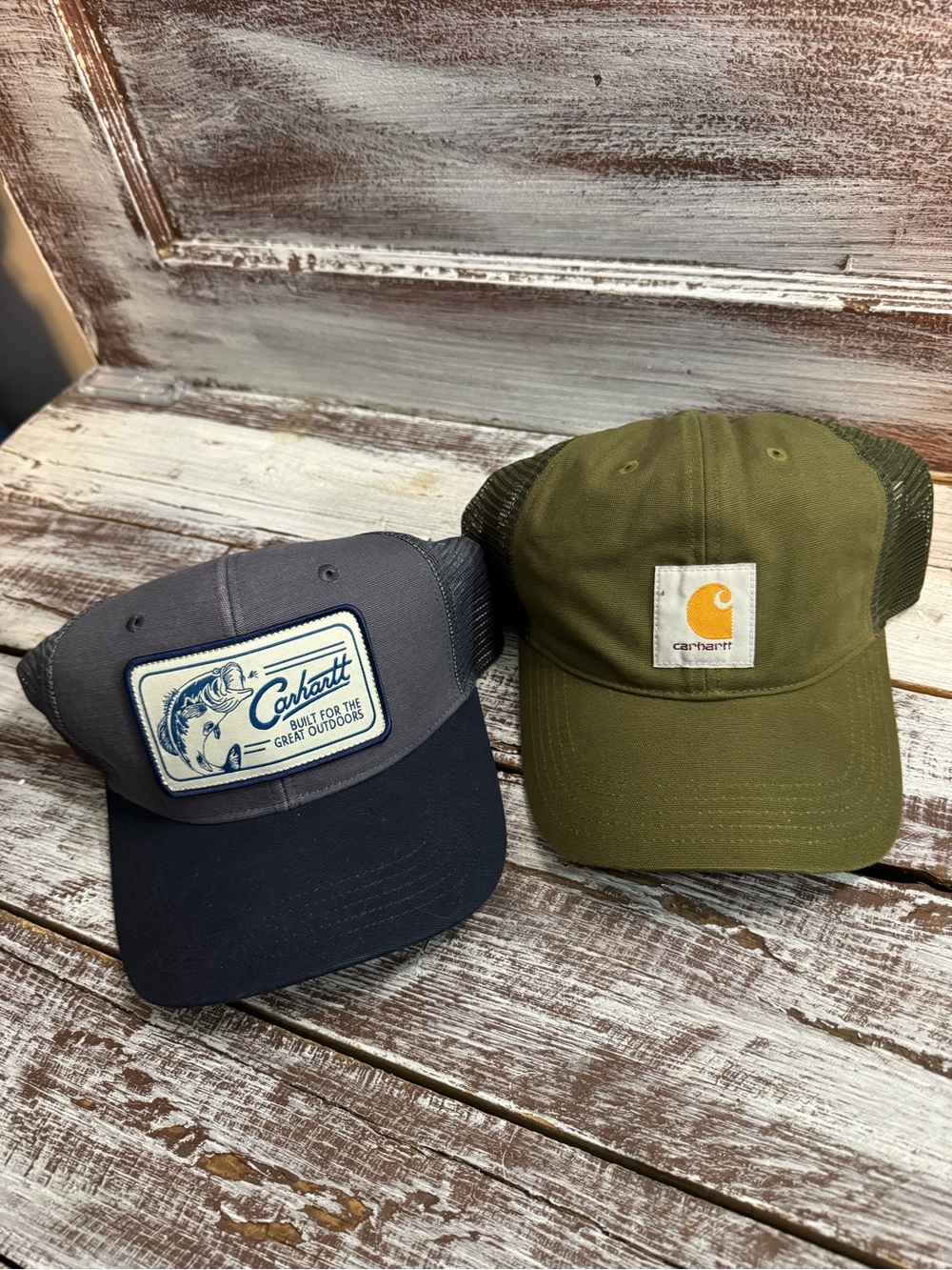 Carhartt Olive Green Mesh Back Cap and Navy Gray Patch Trucker Set